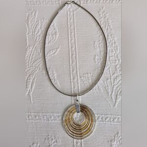 Large Modernist Scandinavian Style Silver & Gold Tone Pendant With Necklace
